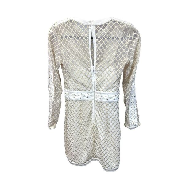 BEBE IVORY METALLIC EMBROIDERED MESH LACE UP DRESS KNEE LENGTH sz 8 - Picture 8 of 16